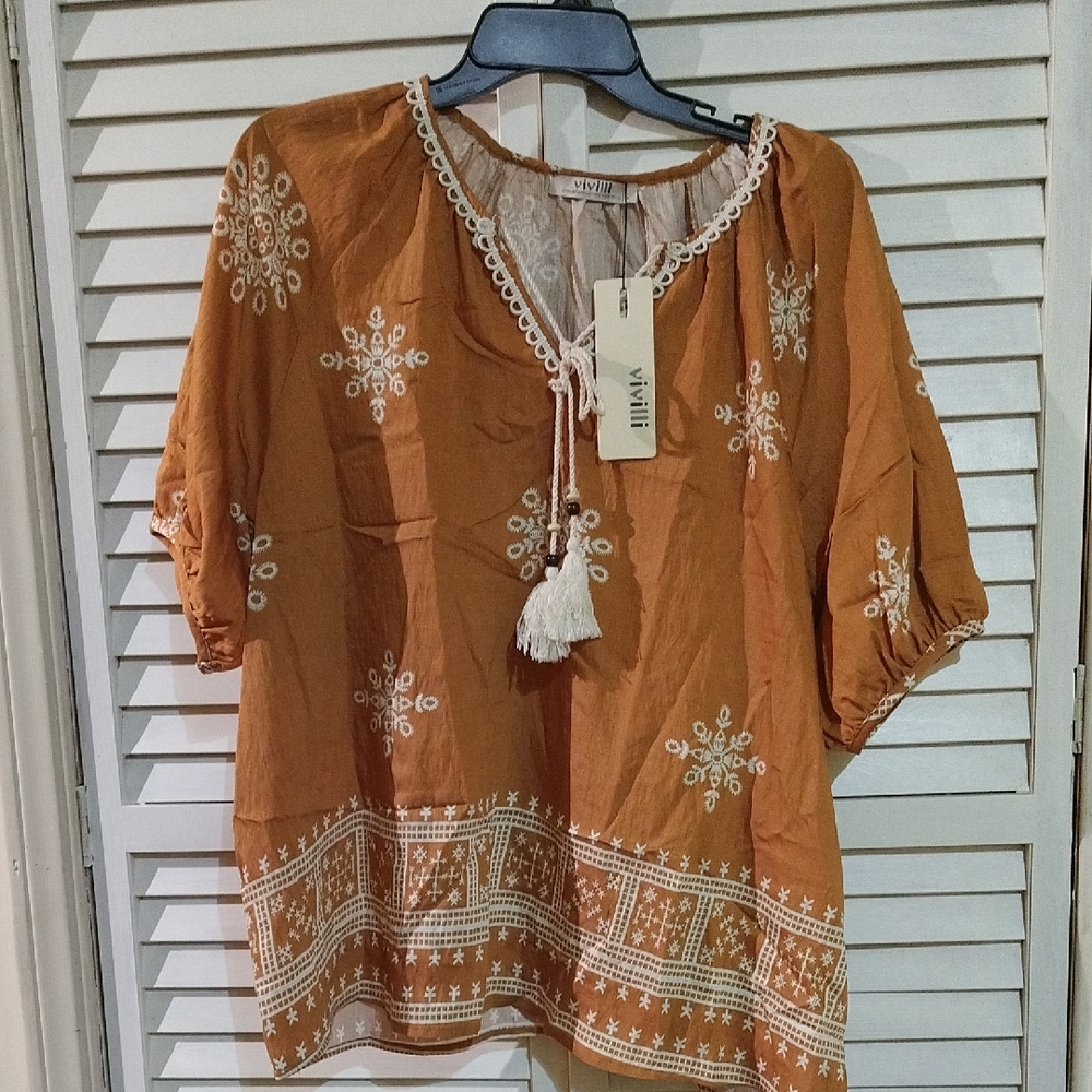 ViVilli Brown Blouse with Balloon Sleeves and Tie Front